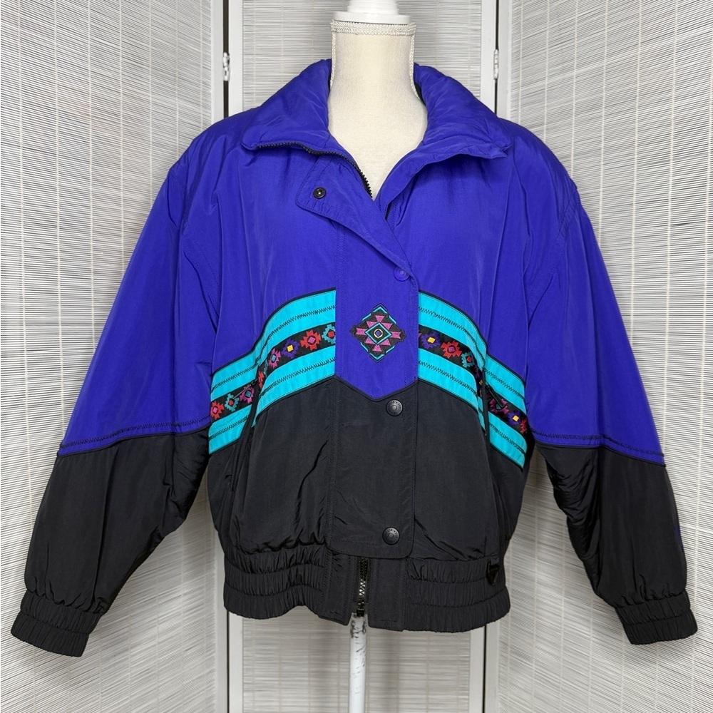 Tyrolia Skiwear Vintage Purple Black Aztec Ski Jacket Nylon Winter Coat Size 10